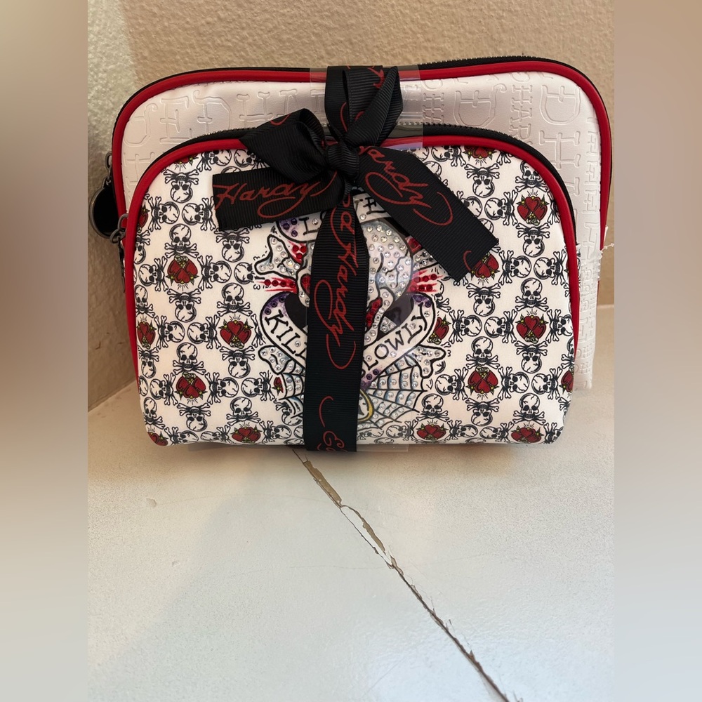Ed Hardy Red White Black Patterned Cosmetic Makeup Bag Set